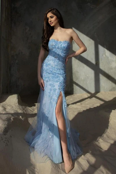 Unique Blue Column Strapless Split Floor Length Tulle Prom Dress with Appliques Sequins Simple gentle atmospheric and unique design