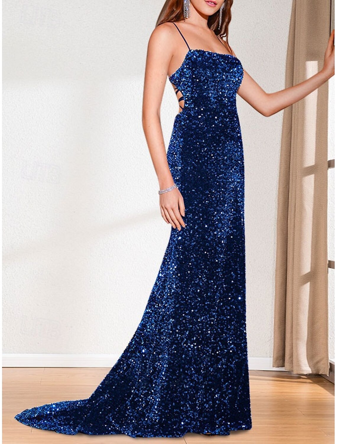 Mermaid Trumpet Mother of the Bride Dress Formal Evening Church Elegant Sparkle Shine Open Back Spaghetti Strap Strapless Straight Neckline Sweep Brush Train Satin Spandex Sleeveless