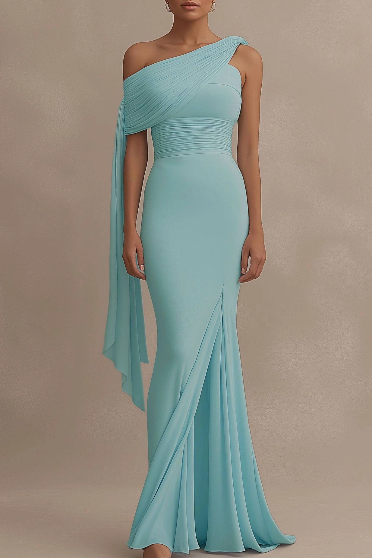 Formal Evening Dress Light Blue One Shoulder Draped Slit Floor Dress