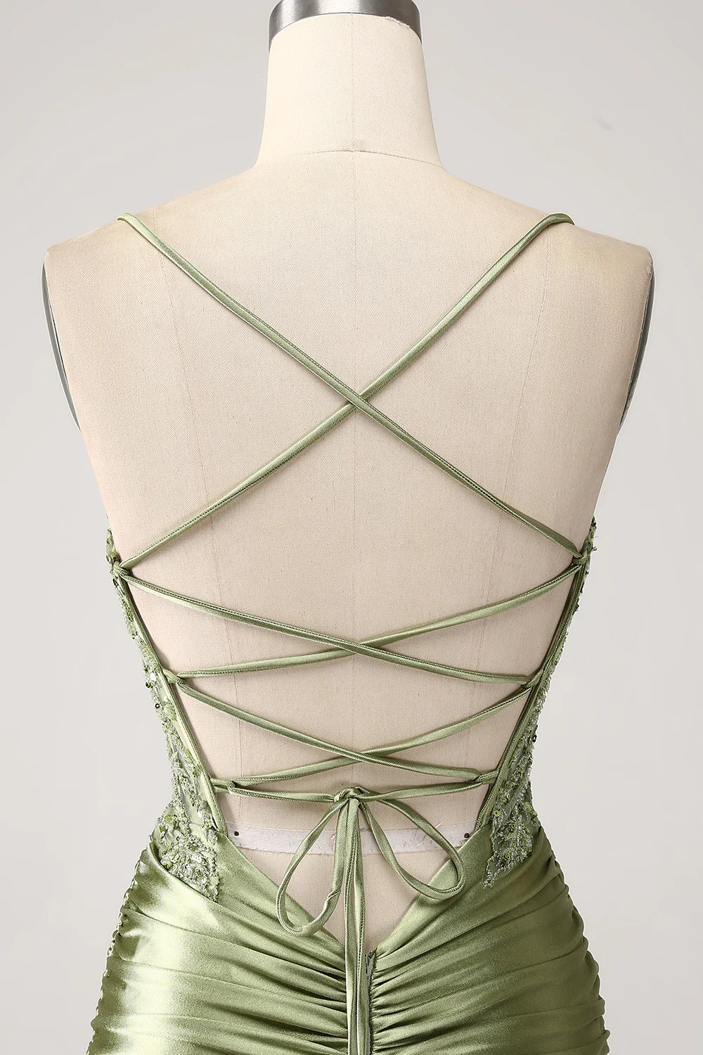 Sage Mermaid Spaghetti Straps Corset Sequin Lace-up Back Prom Dress With Slit