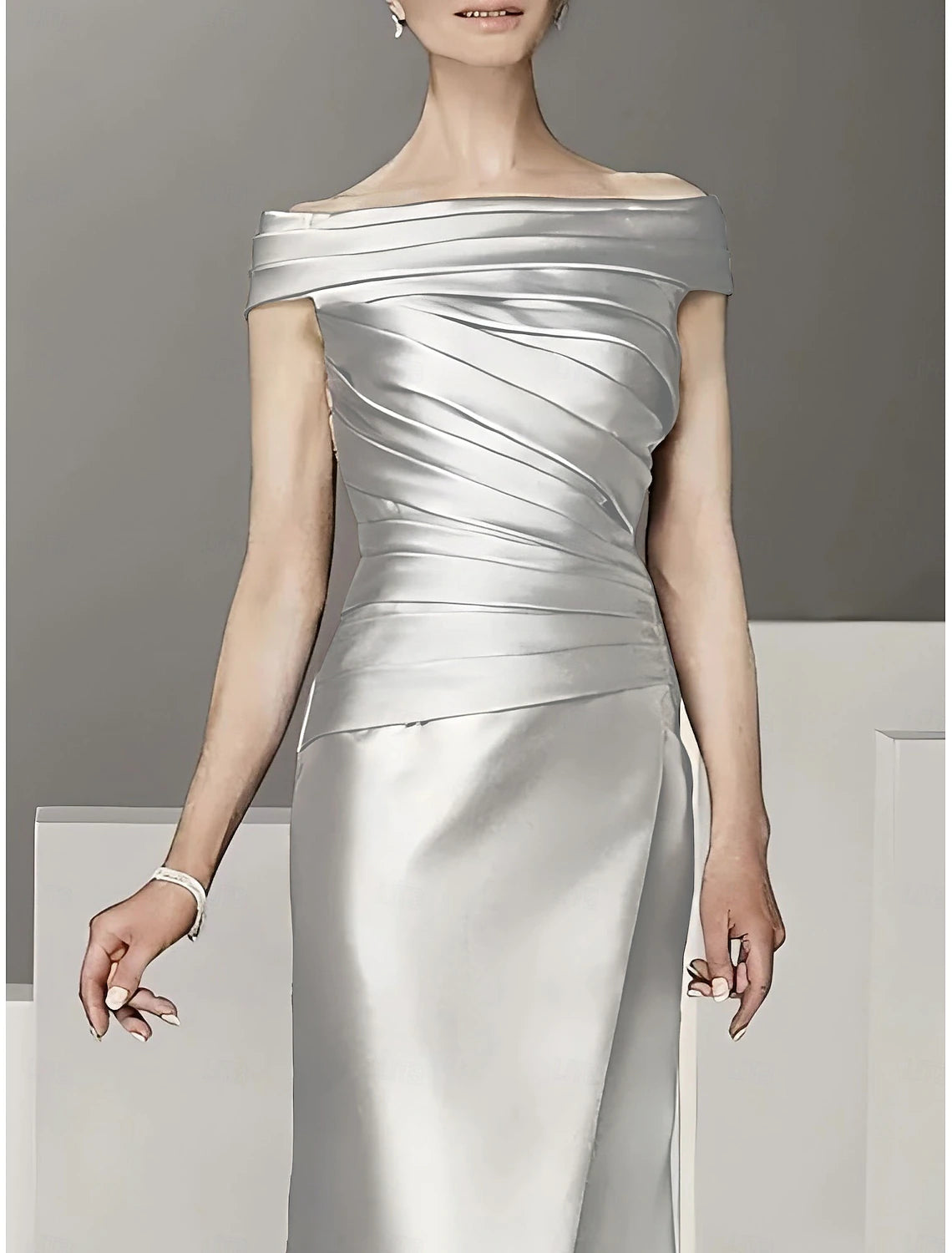 A-Line Mother of the Bride Dress Formal Wedding Guest Elegant Scoop Neck Off Shoulder Floor Length Ankle Length Italy Satin Cap Sleeve with Ruching