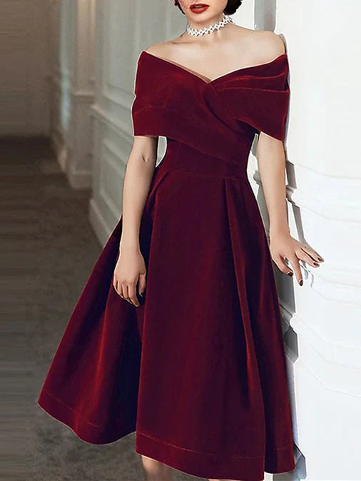 Princess 1950s Dress Off-the-Shoulder Cocktail Dresses with Pleats Simple gentle beautiful and unique design