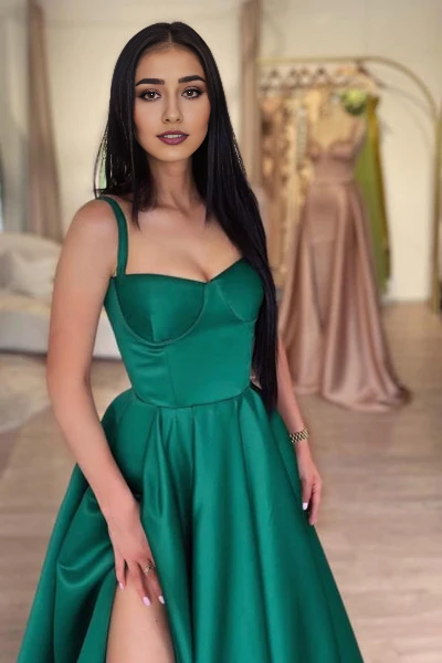 A-Line Green Shiny Elastic Satin Front Split Court Train Prom Dress Simple gentle atmospheric and unique design  ﻿