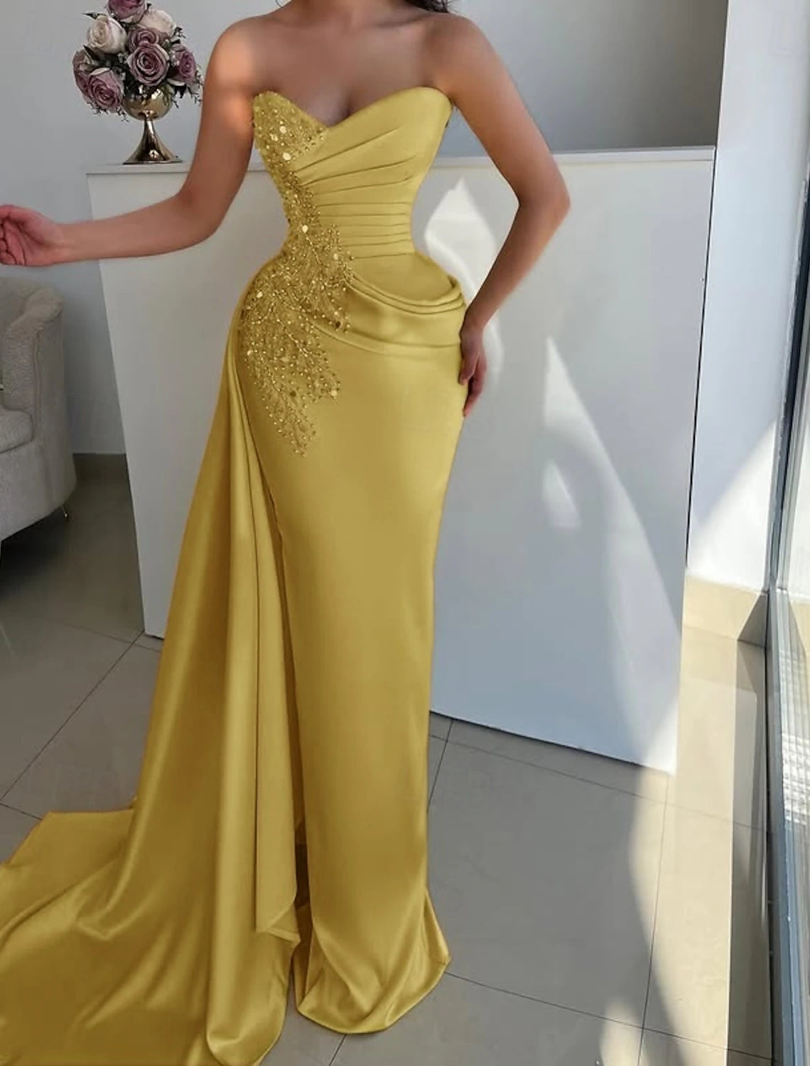 Mermaid / Trumpet Evening Gown Elegant Dress Formal Wedding Floor Length Sleeveless Strapless Champagne Mother Of the Bride Dress Satin with Rhinestone Glitter Ruched