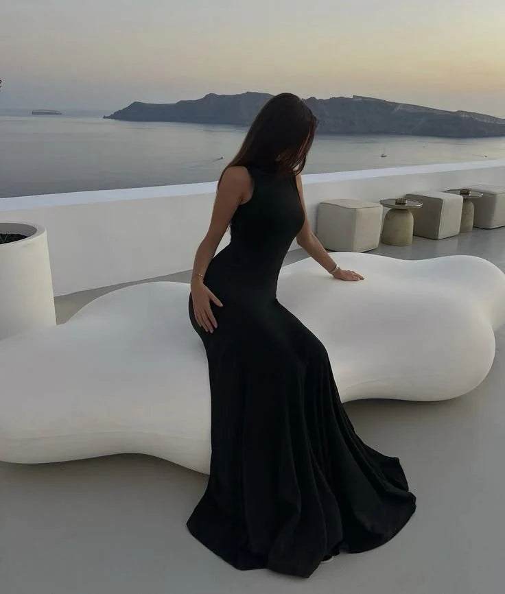 High Neck Sexy Black Evening Dress Long Prom Dresses