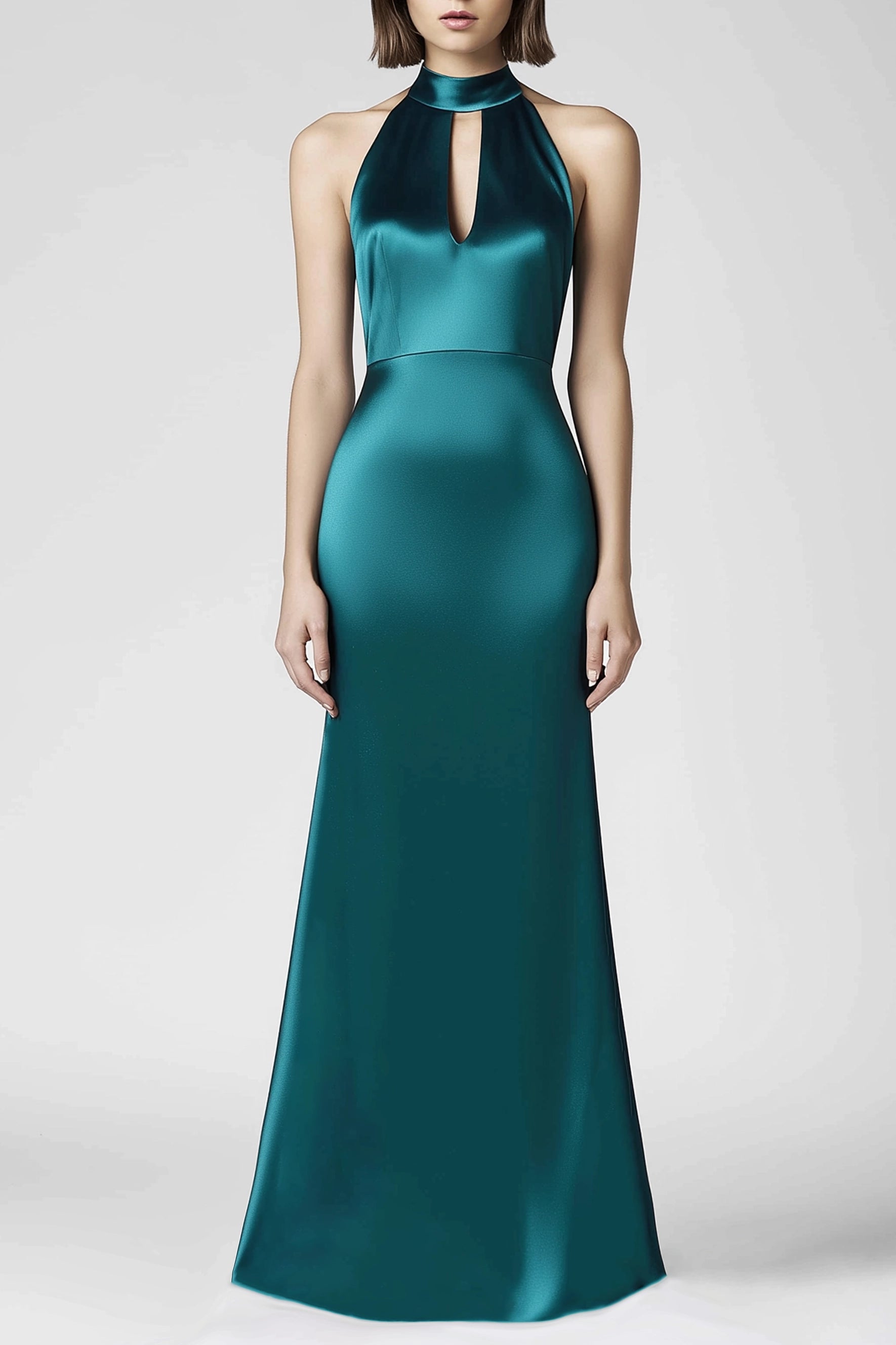Formal Evening Halter Neck Dress Green Satin Sleeveless Floor-Length Dress