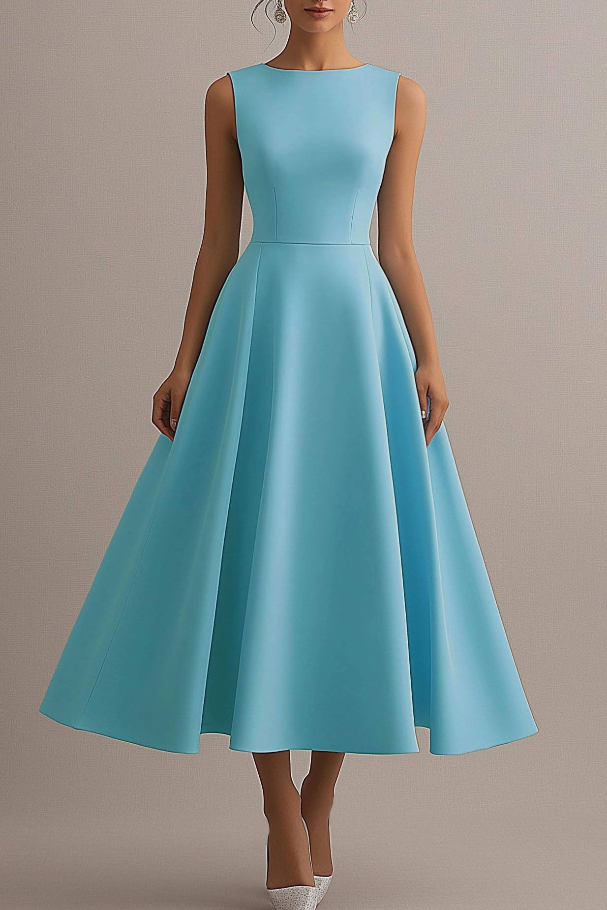 Party Dress Light Blue Round Neck Sleeveless A-Line Midi Dress Simple beautiful generous and full of charm