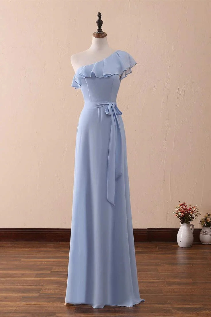 One-Shoulder Ruffled A-Line Long Bridesmaid Dress Modest Formal Dresses