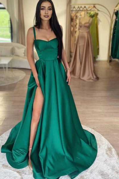 A-Line Green Shiny Elastic Satin Front Split Court Train Prom Dress Simple gentle atmospheric and unique design  ﻿