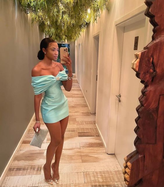 Bowknot Off The Shoulder Homecoming Dresses Tiffany Blue Mini Party Dress Simple atmospheric beautiful and unique design