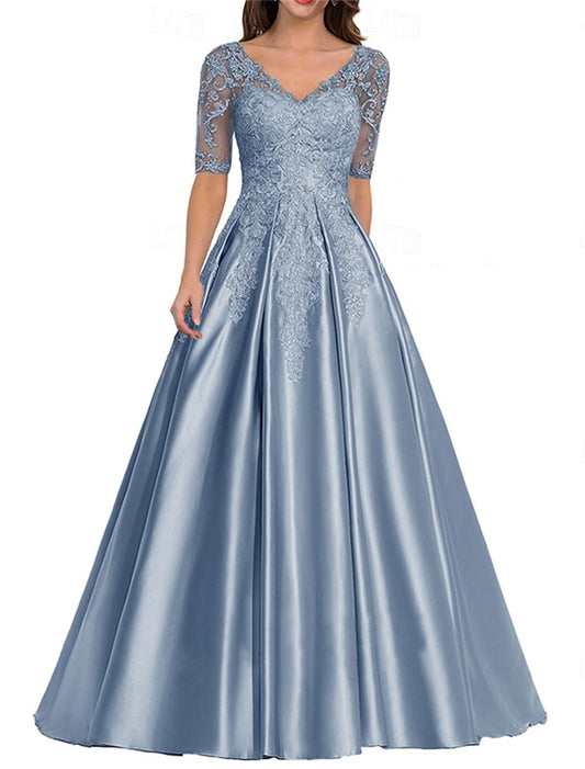 Dress Mother of the Bride Dress Elegant Vintage V Neck Floor Length Polyester Short Sleeve with Solid Color