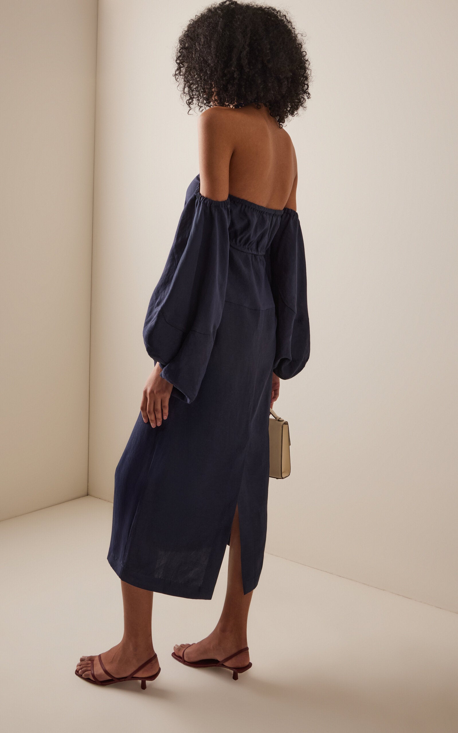 Balloon-Sleeve Woven Midi Dress