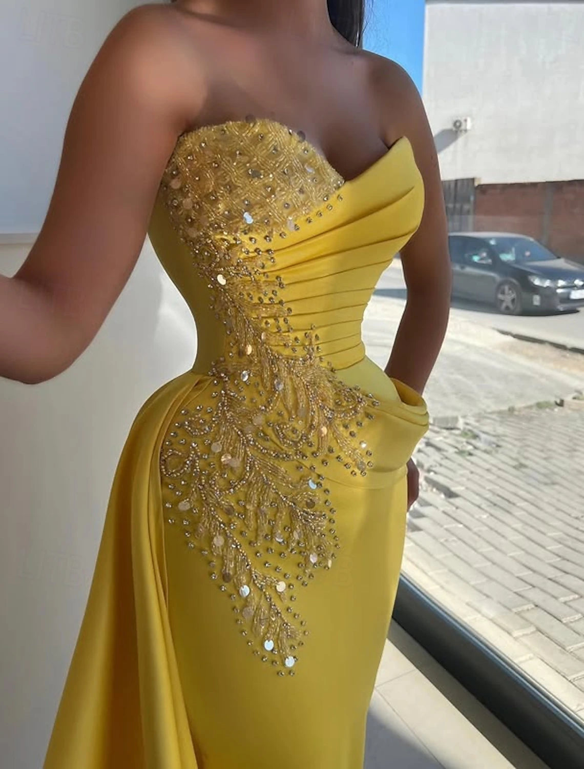 Mermaid / Trumpet Evening Gown Elegant Dress Formal Wedding Floor Length Sleeveless Strapless Champagne Mother Of the Bride Dress Satin with Rhinestone Glitter Ruched