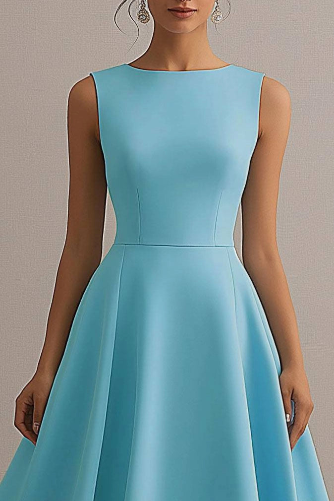 Party Dress Light Blue Round Neck Sleeveless A-Line Midi Dress Simple beautiful generous and full of charm