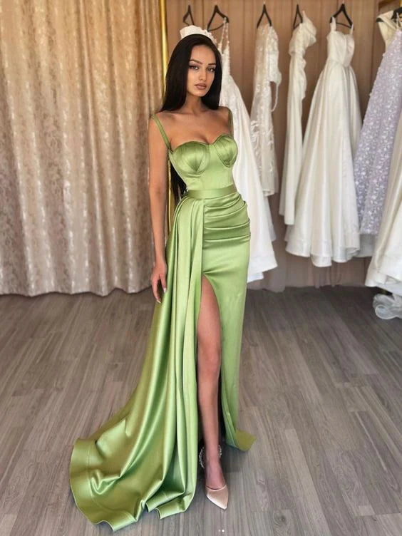 simple green satin mermaid long prom dress green formal evening dress