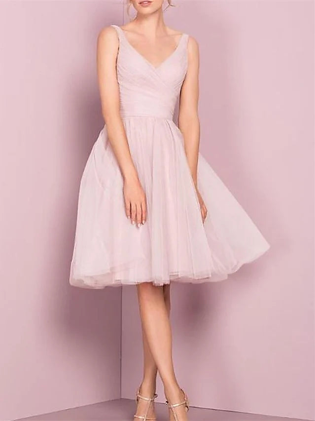 Princess V Neck Sleeveless Tea-Length Cocktail Dresses with Pleats