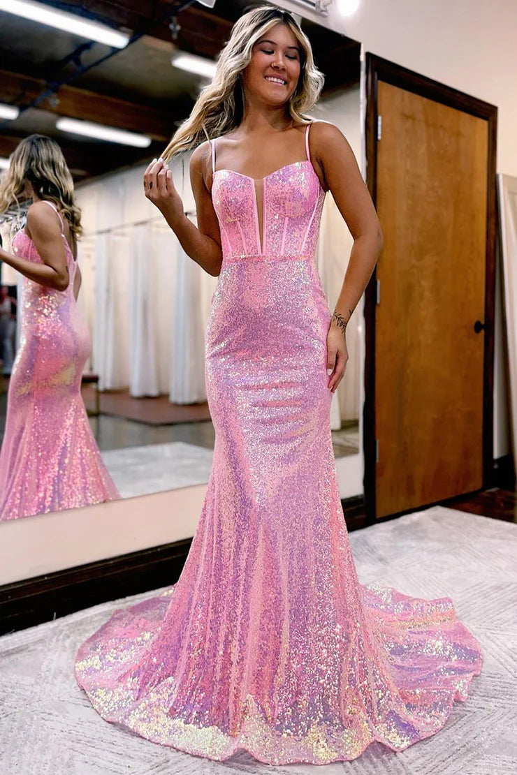 Sparkly Mermaid Sweetheart Pink Sequins Long Prom Dresses