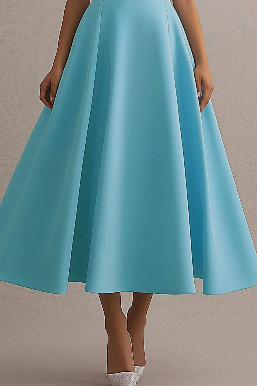 Party Dress Light Blue Round Neck Sleeveless A-Line Midi Dress Simple beautiful generous and full of charm