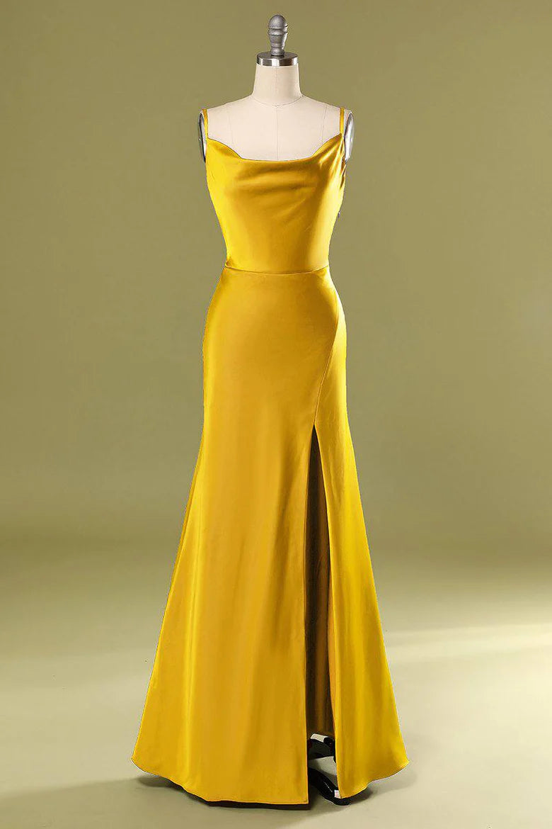 Straps Cowl Back Bridesmaid Dress with Slit Dress Gentle beautiful and generous