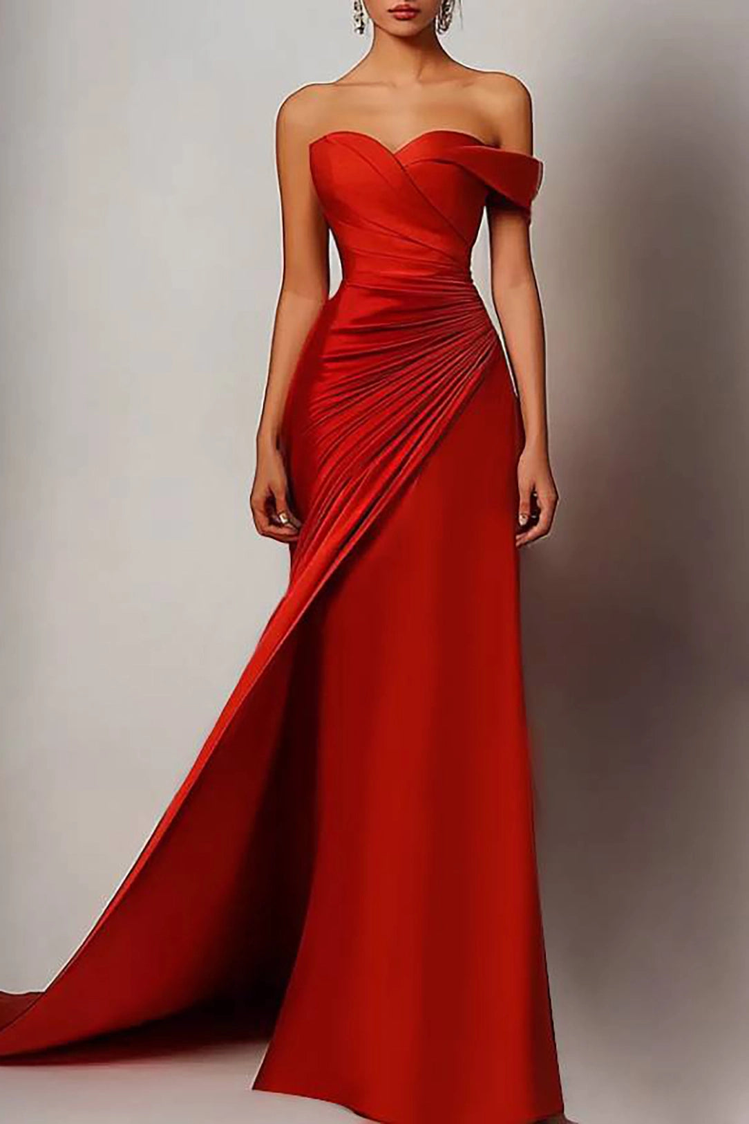 Evening Formal Dress Red One Shoulder Ruched Train Gown