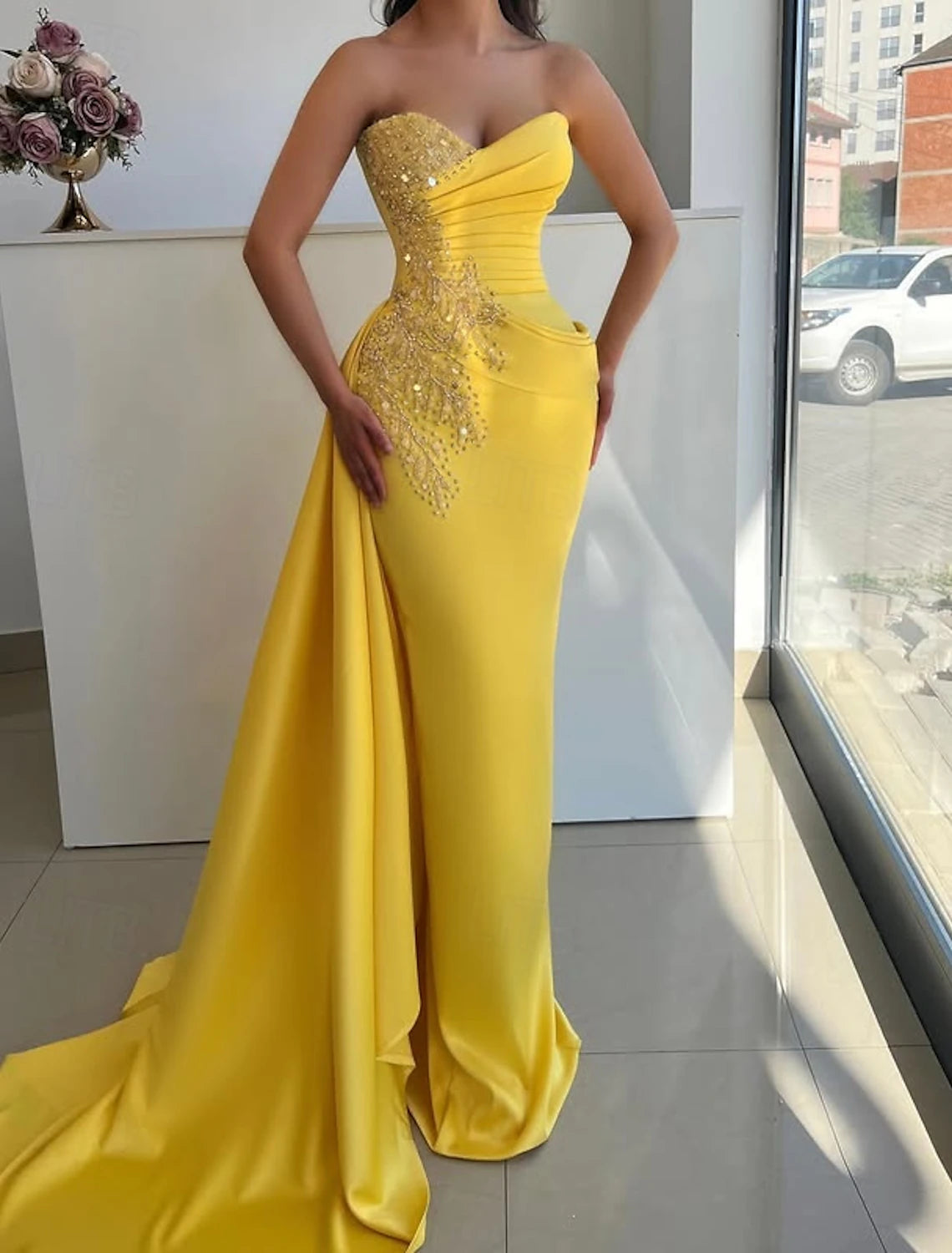 Mermaid / Trumpet Evening Gown Elegant Dress Formal Wedding Floor Length Sleeveless Strapless Champagne Mother Of the Bride Dress Satin with Rhinestone Glitter Ruched