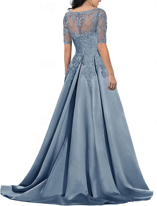 Dress Mother of the Bride Dress Elegant Vintage V Neck Floor Length Polyester Short Sleeve with Solid Color