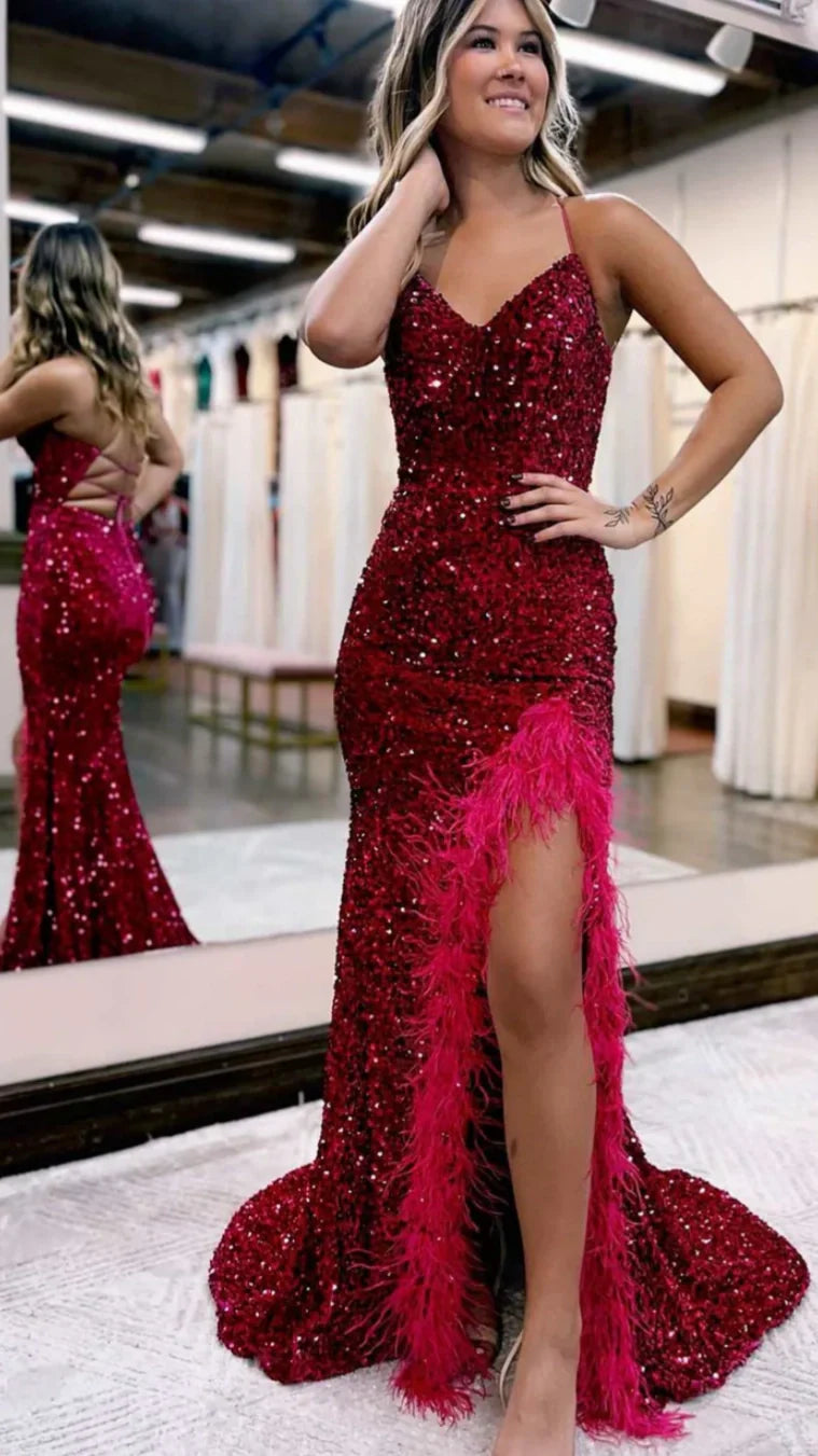 Sexy Mermaid Beautiful elegant and unique design Prom Dress Sexy V-neck Feather Prom Dress Split Sequin Evening Gown