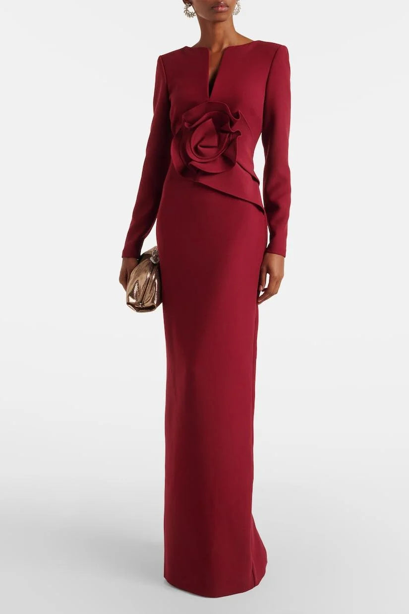 3D Flower Solid Long Sleeve Maxi Dress simple gentle atmospheric and unique desi Bring summer colors to enhance whiteness ﻿