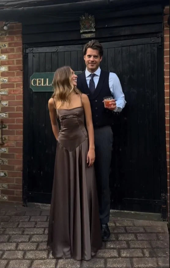 Simple Brown Spaghetti Straps A Line Prom Dress Party Dress