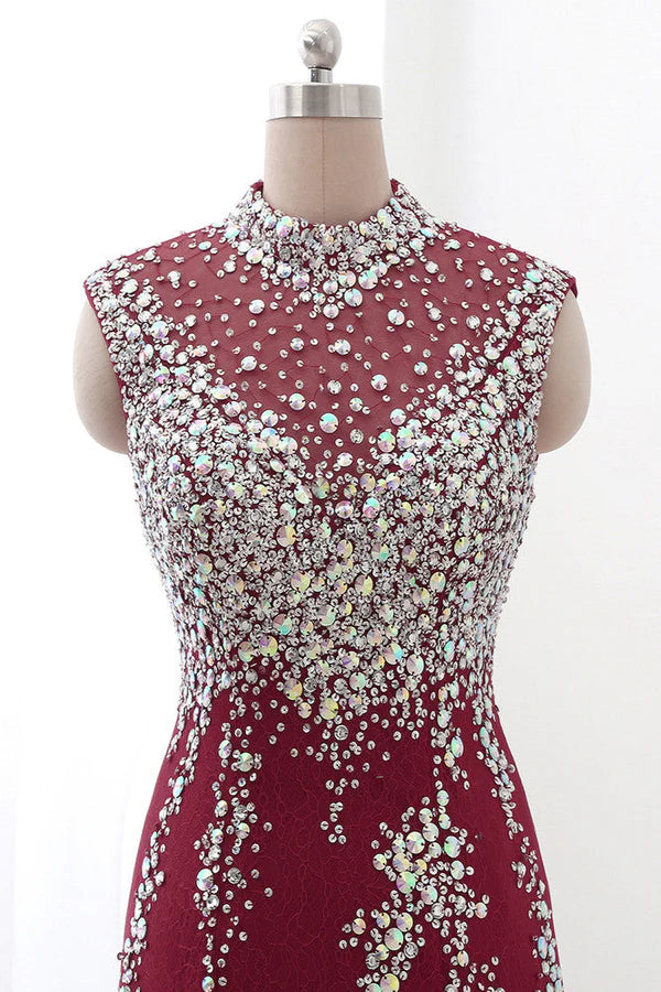 Luxury High-Neck Burgundy Mermaid Prom Dresses Sleeveless with White Rhinestones Simple gentle atmospheric and unique design