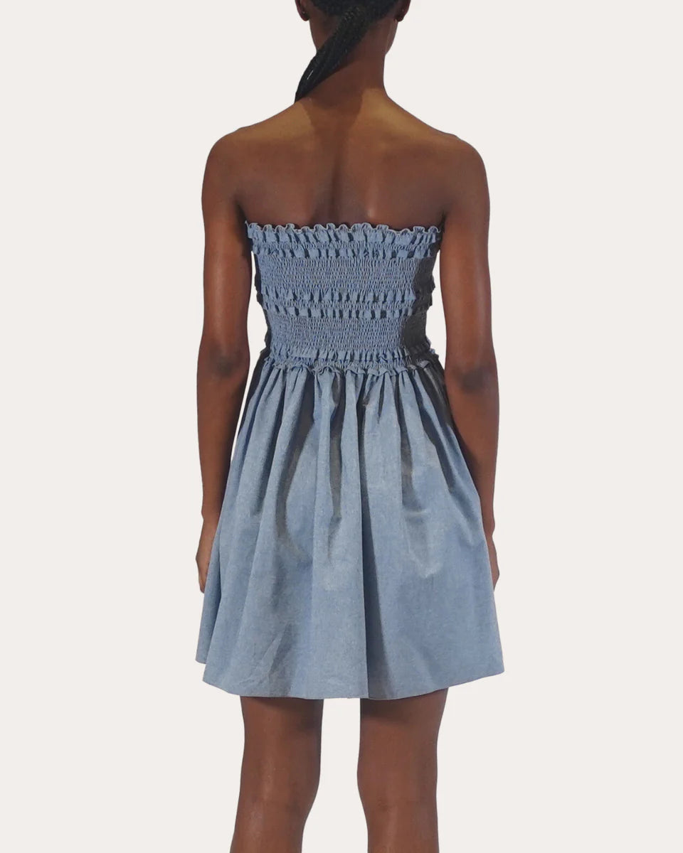 Anya Smocked Chambray Mini Dress simple gentle atmospheric and unique desi Bring summer colors to enhance whiteness