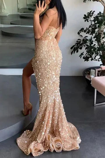 Spaghetti Straps Sequined High Slit Sleeveless Mermaid Long Prom Dress