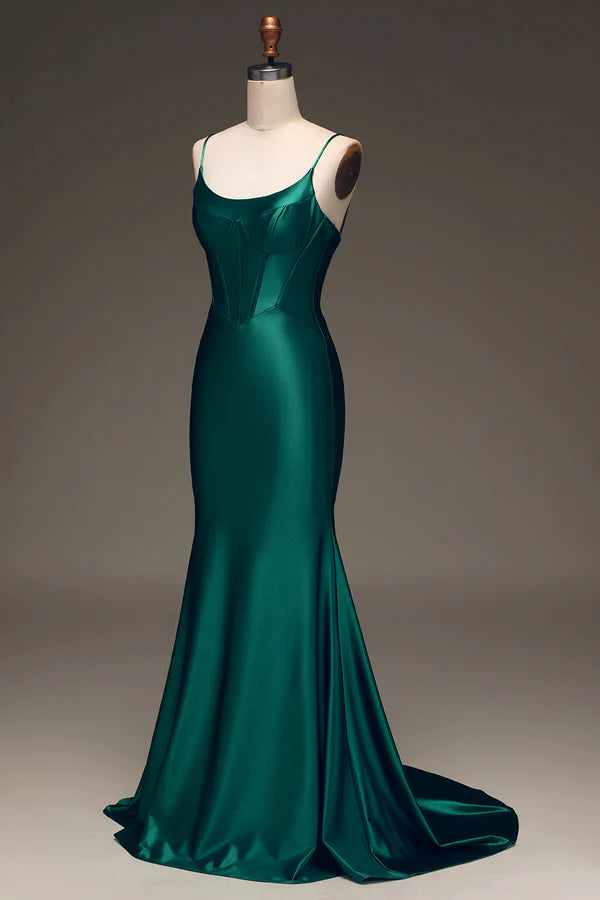 Satin Mermaid Lace-Up Back Dark Green Prom Dress with Corset Simple gentle atmospheric and unique desig