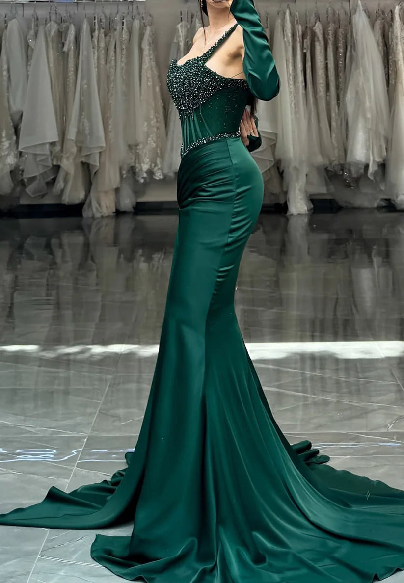 Off-Shoulder Sleeveless Beaded Ruched Fitted Mermaid Prom Dress simple gentle atmospheric and unique desi Bring summer colors to enhance whiteness