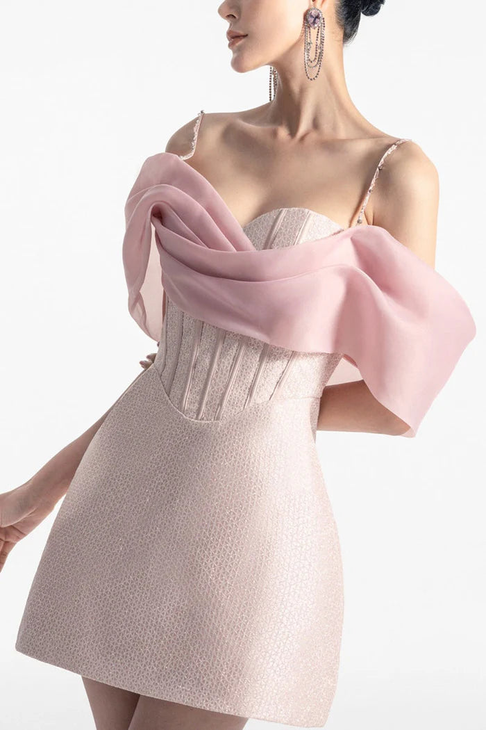 Off- Off-Shoulder Sleeveless Beaded Ruched Satin A-Line Mini Homecoming Dress