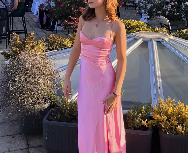 Pink spaghetti straps Long sexy party prom evening dress