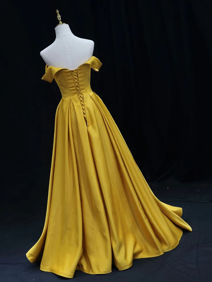 Simple Off Shoulder Yellow Satin Long Prom Dress Yellow Formal Evening Dress