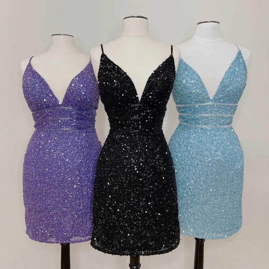 Purple Sequins Tight Short Party Dress