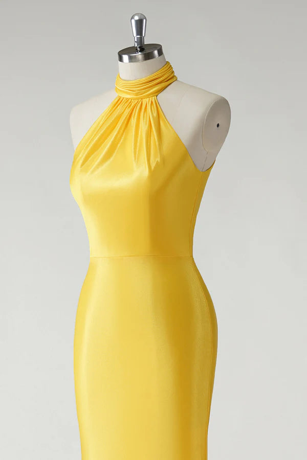 Yellow Mermaid Halter Satin Long Prom Dress simple gentle atmospheric and unique desi Bring summer colors to enhance whiteness