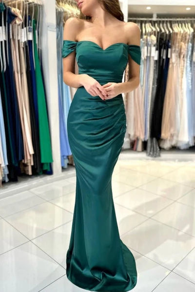 Beautiful Elegant Long Dark Green Off-shoulder Mermaid Sleeveless Evening Gowns Simple gentle atmospheric and unique design