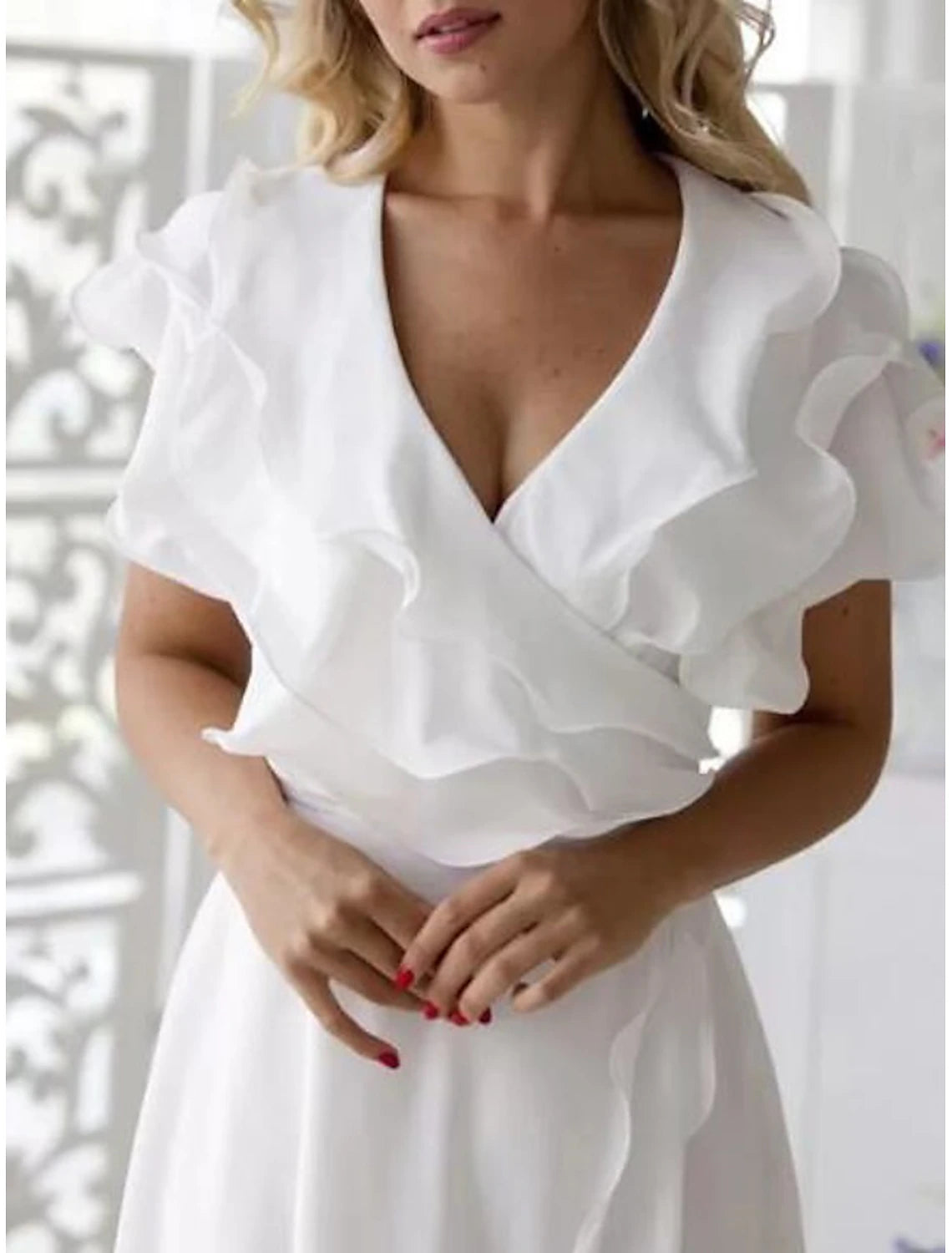 Beach Wedding A-Line Mother of the Bride Dress Wedding Guest Elegant High Low V Neck Asymmetrical Chiffon Short Sleeve with Ruffles Split Front