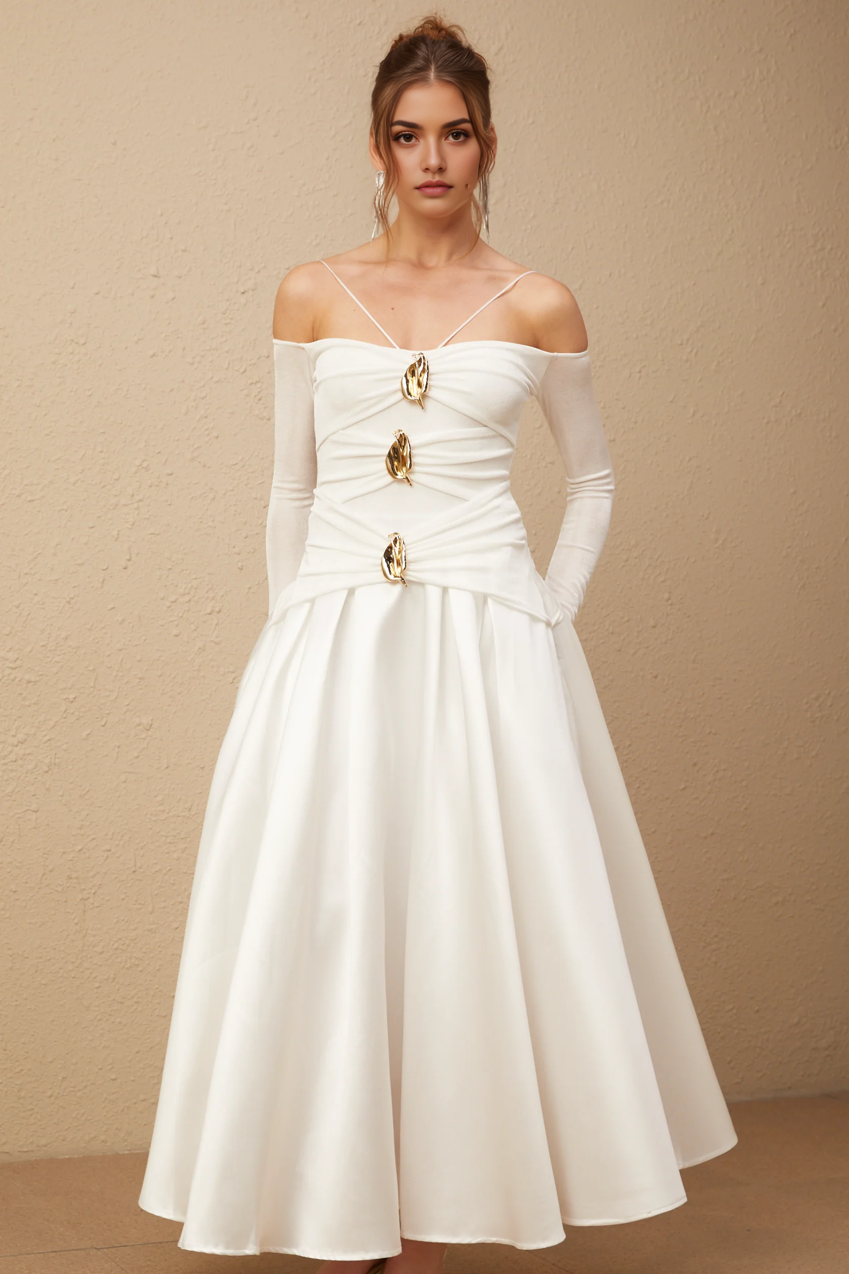 White Off - Shoulder Maxi Dress with Gold Accents Nadine off-shoulder panelled maxi dress in White