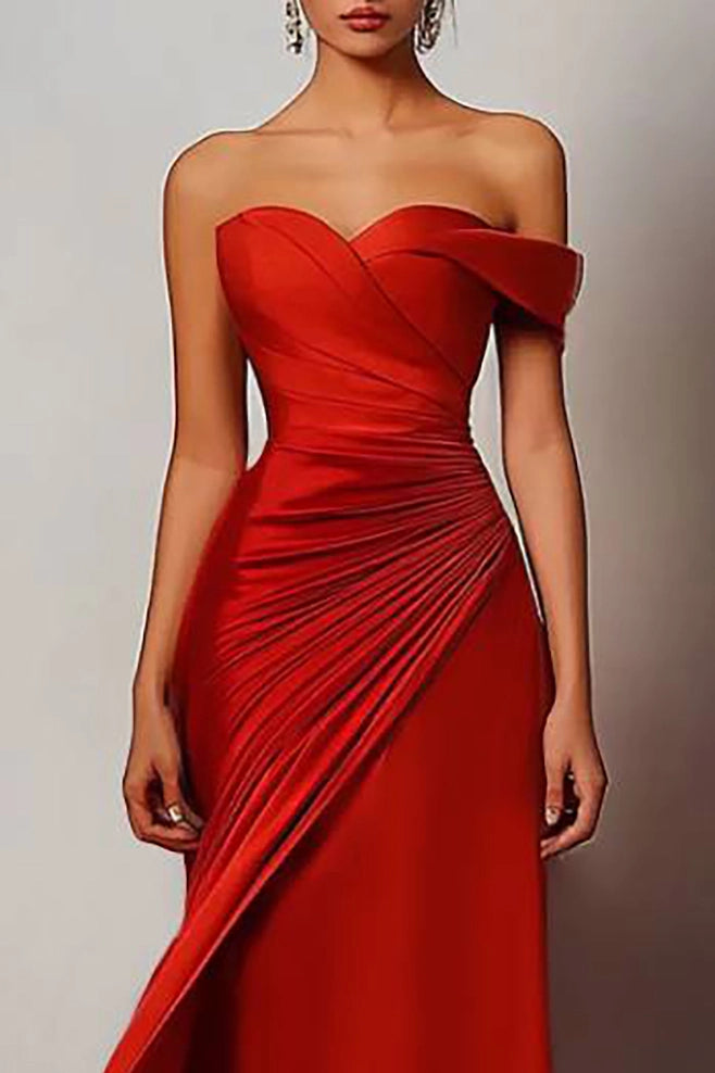 Evening Formal Dress Red One Shoulder Ruched Train Gown