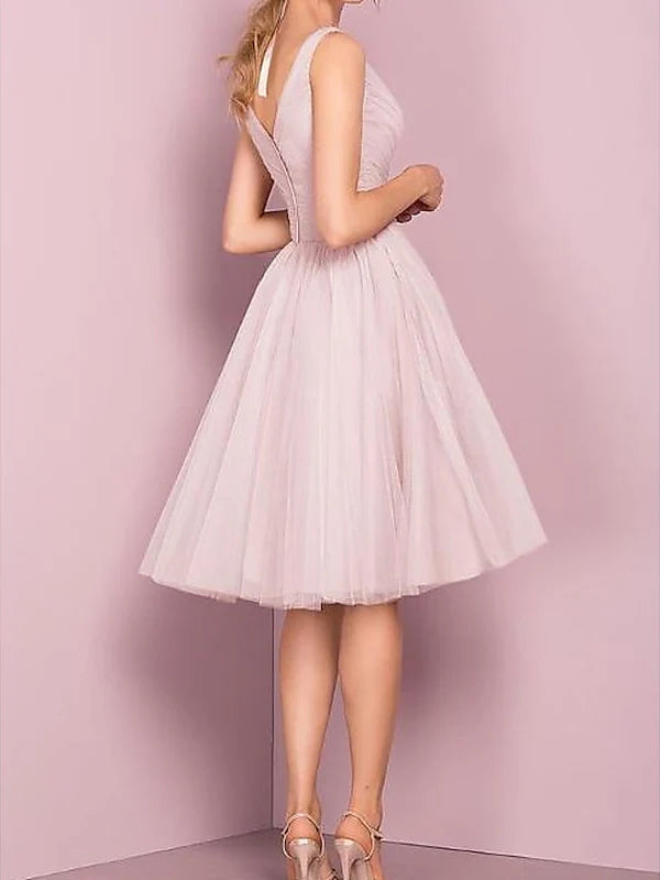 Princess V Neck Sleeveless Tea-Length Cocktail Dresses with Pleats