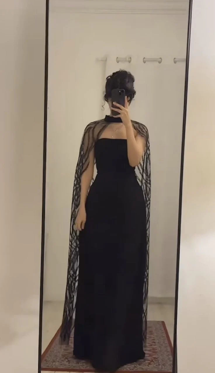 Black Long Prom Dresses Evening Formal Dress With Cape