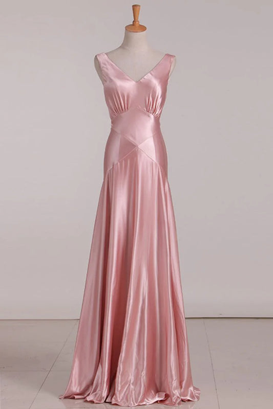 V-Neck Pink Tie Back Mermaid Bridesmaid Dress A-line