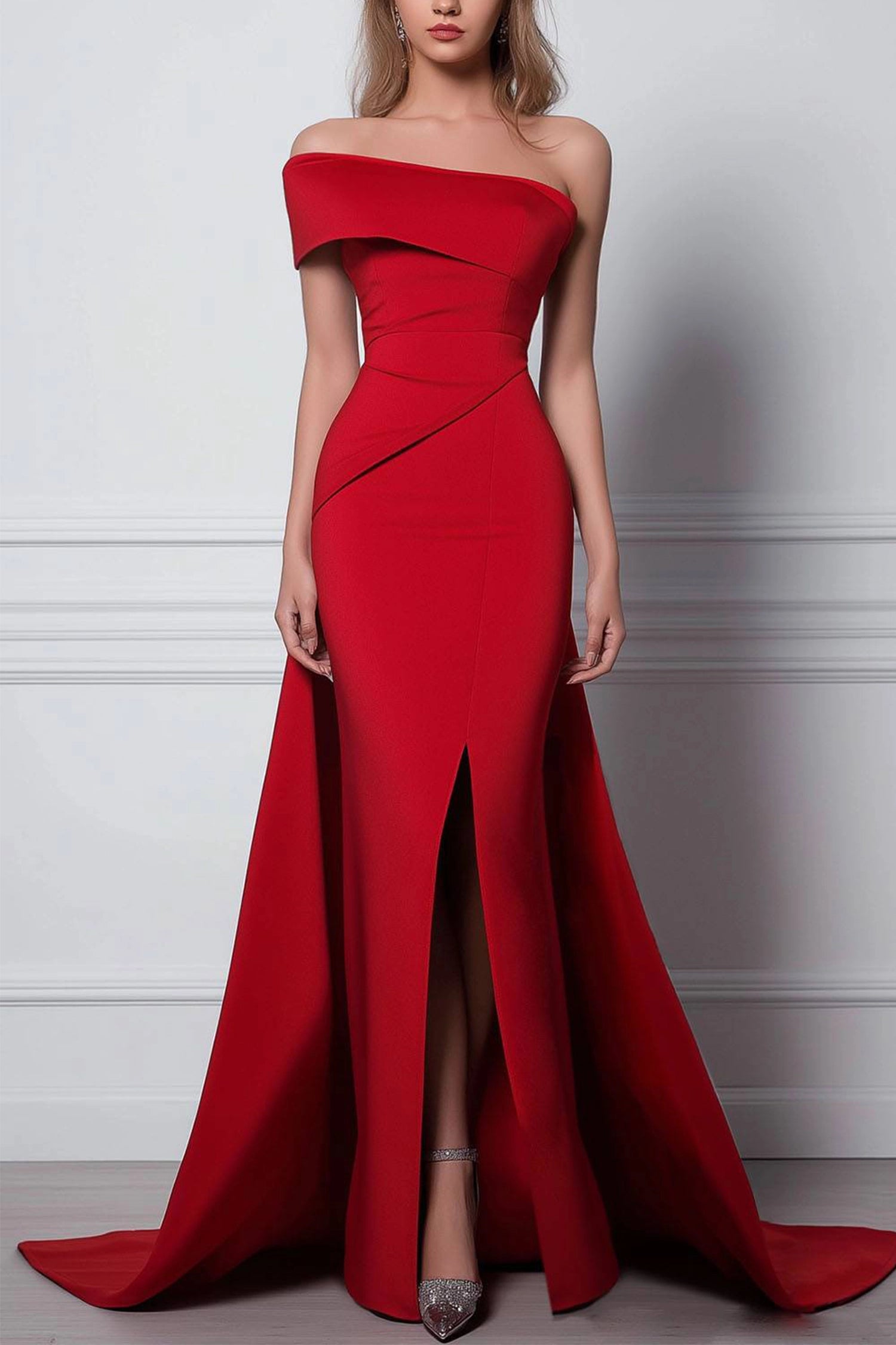 Party Prom Red Dress One Shoulder High Slit Floor Length Dress