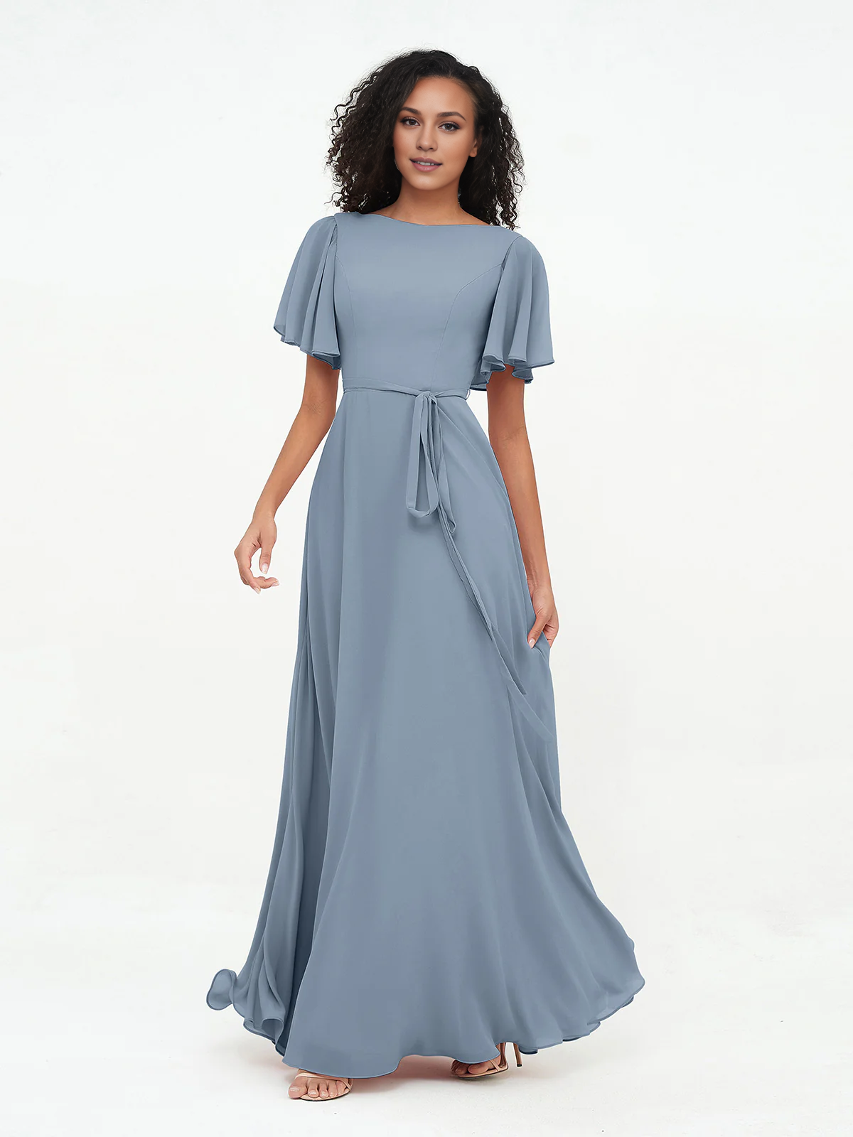 Flutter Sleeves Chiffon Max Dresses with Sash Bow-Dusty Blue Simple gentle atmospheric and unique design
