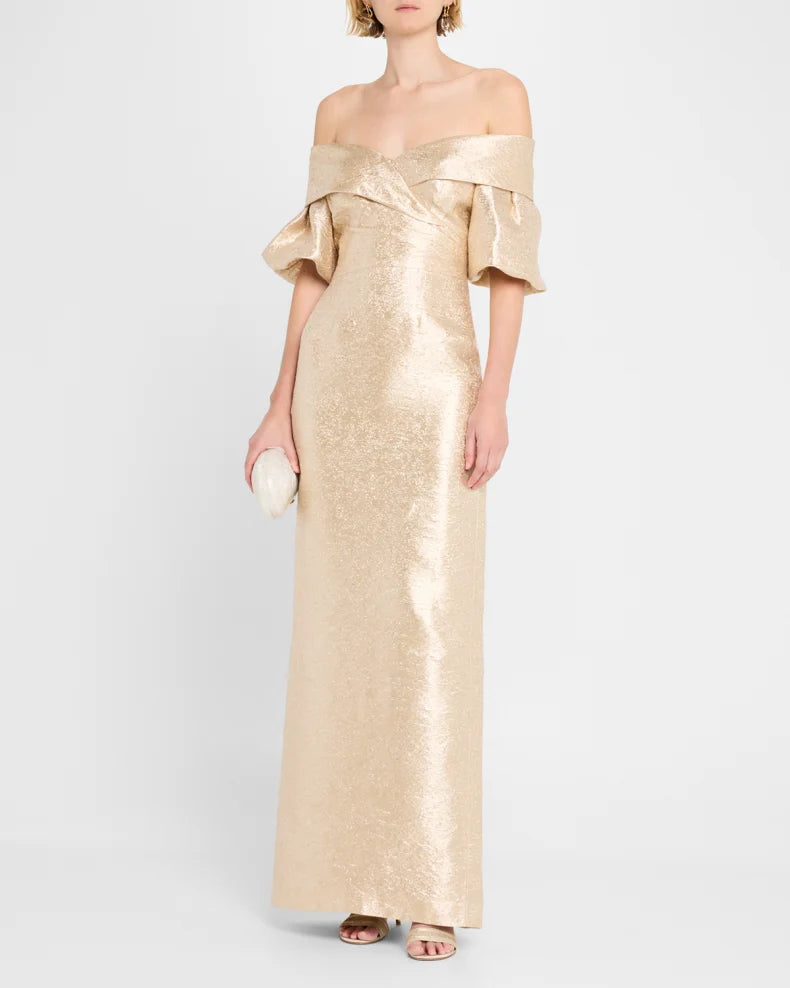 Off-Shoulder Metallic Jacquard Column Gown Beautiful and charming simple and unique design