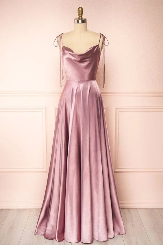 A-line Cowl Neck Long Formal Dress Pink prom dress